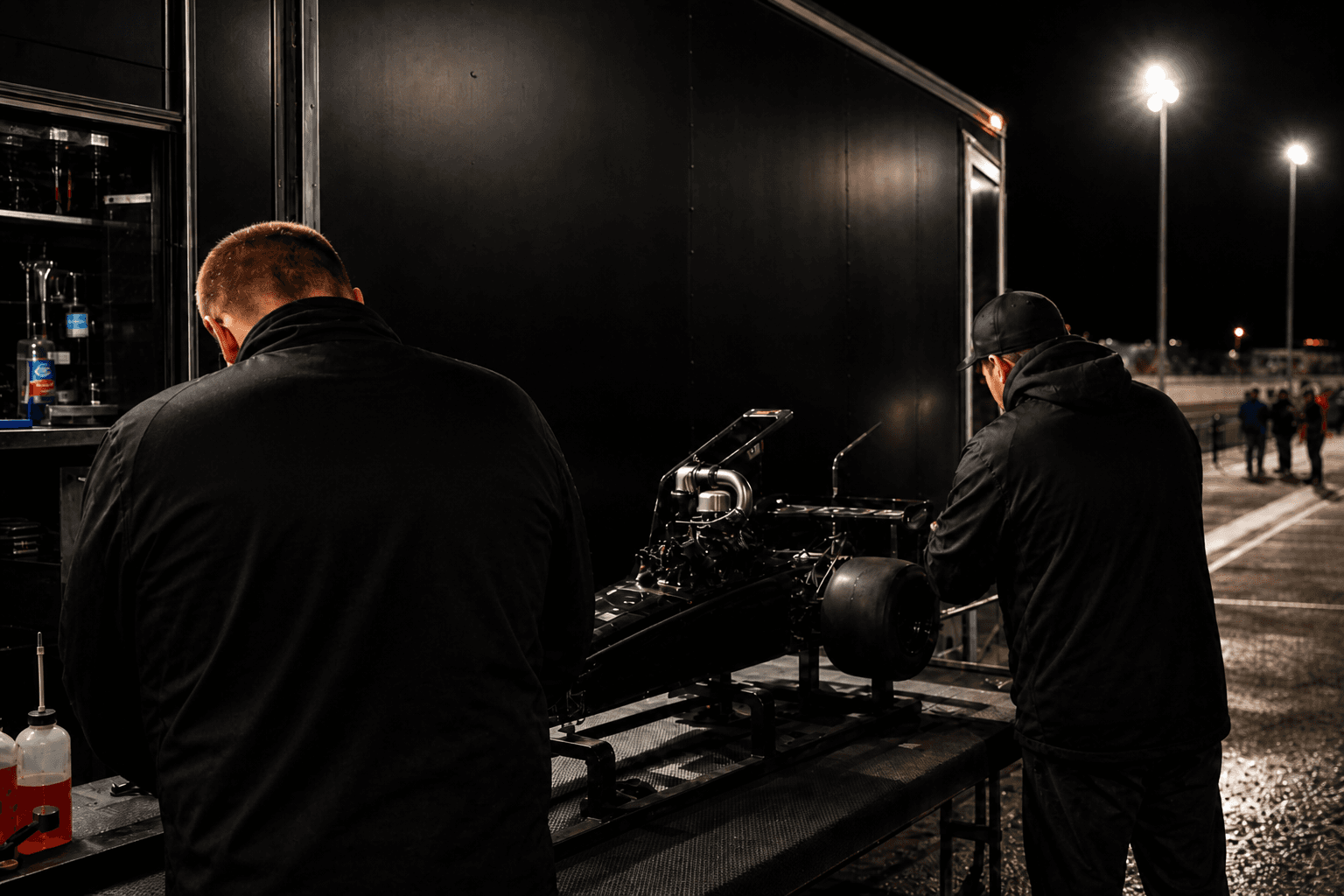 SRE crew with branded jackets beside large-scale gas RC drag cars at night